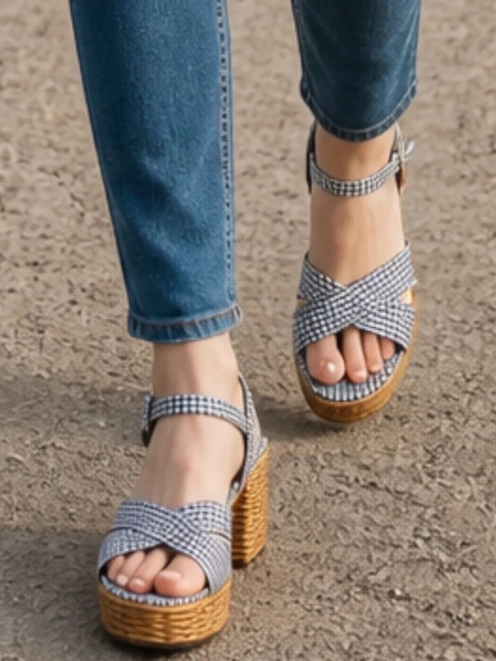 Jeffrey Campbell Amma platform sandals in blue gingham with wicker heel 9